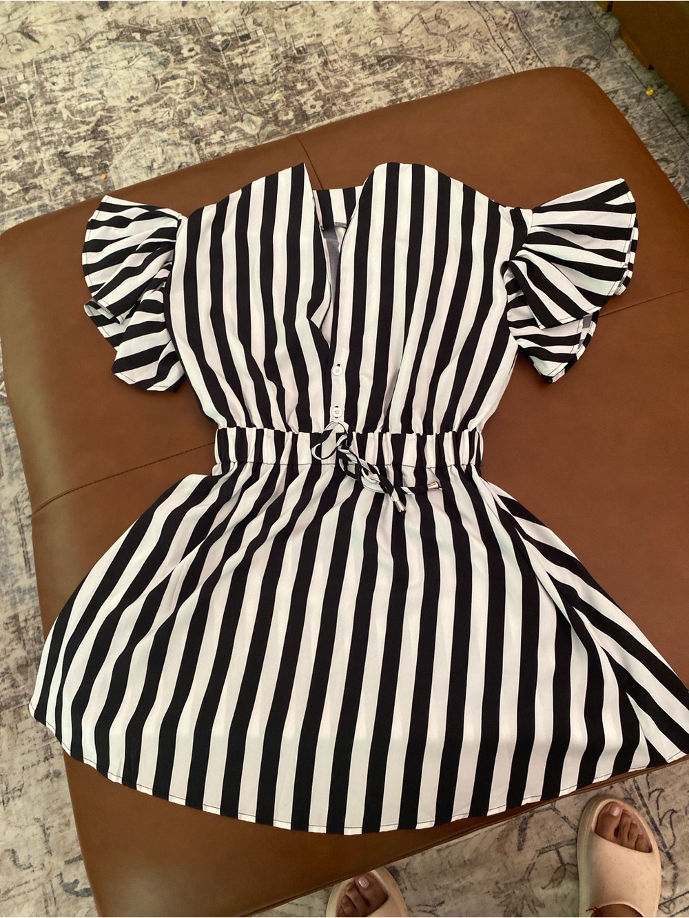 Girls Black & White Stripe Puff-Sleeve Dress